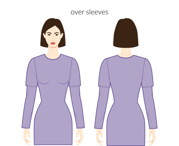 über ärmel lange kleidung charakter schöne dame in lila oberteil, hemd, kleid technische mode illustration, angepasster körper. flache bekleidungsschablone vorne, rückseite. unisex-cad-modell für damen, herren - shirt women isolated camisole stock-grafiken, -clipart, -cartoons und -symbole