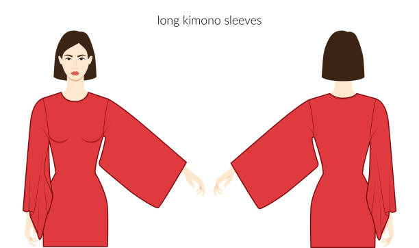 kimono ärmel lange kleidung charakter schöne dame in rotem oberteil, hemd, kleid technische mode illustration, angepasster körper. flache bekleidungsschablone vorne, rückseite. unisex-cad-modell für damen, herren - shirt women isolated camisole stock-grafiken, -clipart, -cartoons und -symbole