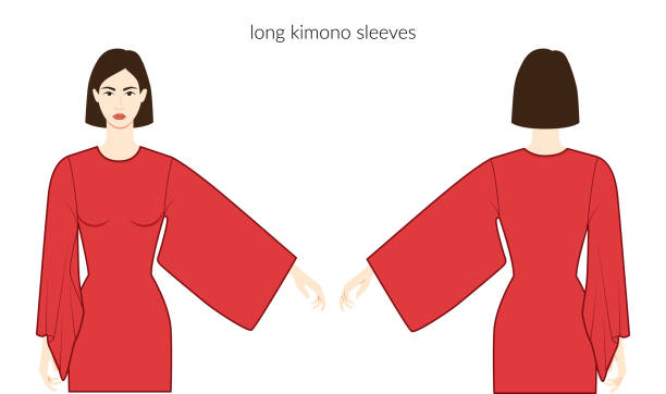 ilustraciones, imágenes clip art, dibujos animados e iconos de stock de kimono mangas larga ropa personaje hermosa dama en top rojo, camisa, vestido técnico de moda ilustración, cuerpo ajustado. plantilla de ropa plana en la parte delantera, en la parte posterior. maqueta cad unisex para mujeres, hombres - shirt women isolated camisole