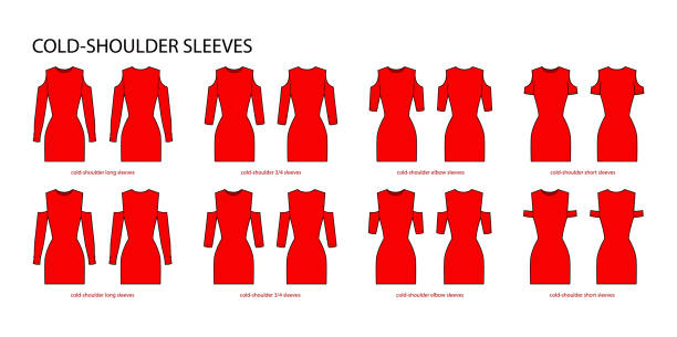 Set of Cold-shoulder sleeves clothes long, 3-4, elbow, short length technical fashion illustration with fitted body. Flat apparel template front, back sides. Women, men unisex CAD mockup Set of Cold-shoulder sleeves clothes long, 3-4, elbow, short length technical fashion illustration with fitted body. Flat apparel template front, back sides. Women, men unisex CAD mockup wedding dress back stock illustrations