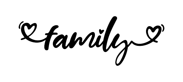 Family. Vector typography text. Inscription for home design, doormat, card, poster, banner, t-shirt. Hand drawn modern calligraphy text - family. Script word design illustration with heart.