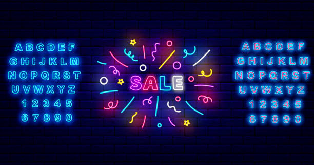 istock Sale neon signboard with confetti firework. Glowing turquoise alphabet. Handwritten text. Vector illustration 1470959809