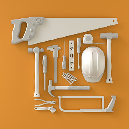 Top View of Monochrome Construction Tools for Repair and Installation on White Background. 3d Rendering