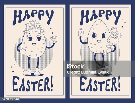 istock Happy Easter posters collection. Retro trendy groovy cartoon characters easter eggs with flowers. Monochrome palette. Modern vintage cute mascot. Vector illustration. Isolated vertical postcards. 1470960541