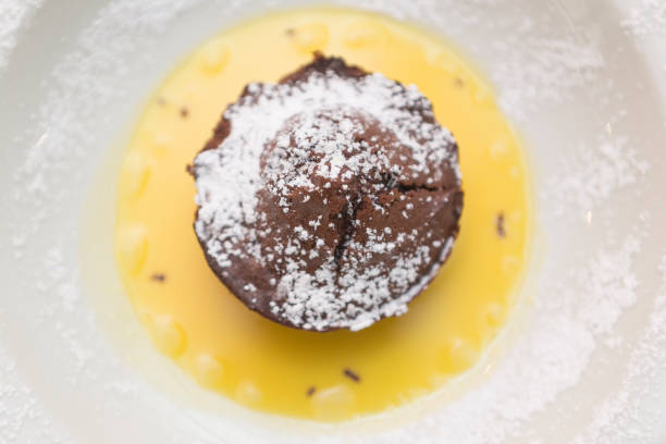 Close up on a gourmet homemade dessert served on a restaurant table top. No people are visible.