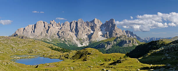 Panoramic summer view of the northern Pale di San Martino from the higher slopes of Mount Bocche.