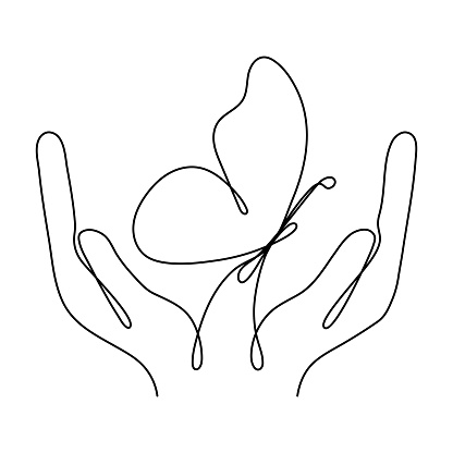 Hands hold butterfly flying continuous line art drawing. Vector isolated on white.