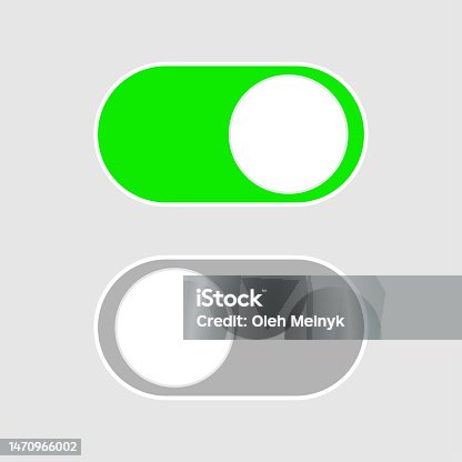istock On and Off icon vector. Toggle Switch Buttons with Lettering Modern Devices User Interface Mockup or Template - Green and Grey on White Background - Vector Gradient Graphic Design 1470966002