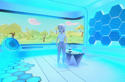 A small futuristic meeting room in the metaverse, where people can meet online in virtual reality. A woman just entered the metaverse.