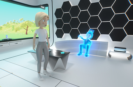 A small futuristic meeting room in the metaverse, where people can meet online in virtual reality.