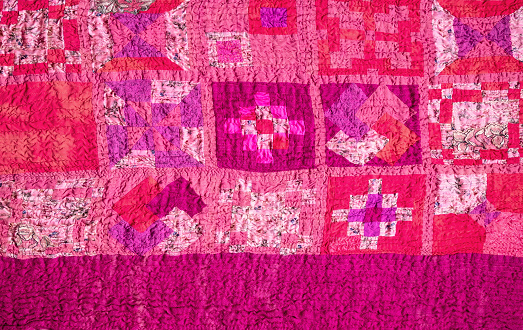 stitched and crushed pink coloured hand-crafted silk patchwork scarf