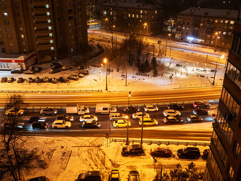 Montreal Panoramic elevated view of Decarie highway in Winter with a traffic jam in one direction.