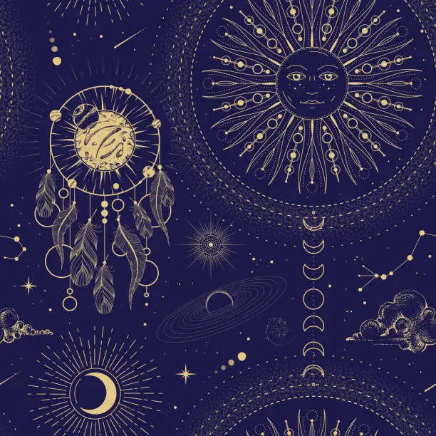 Vector illustration of Modern magic witchcraft  astrology seamless pattern with sun, stars, planets and outer space. Astrology background. Vecto illustration