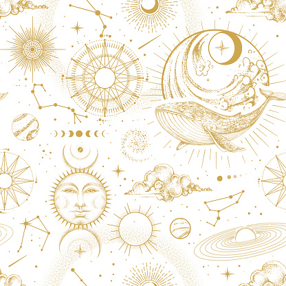 Modern magic witchcraft  astrology seamless pattern with sun, stars, planets and outer space. Astrology background. Vecto illustration