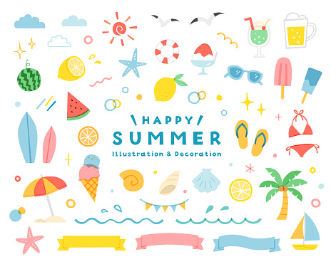 A set of summer illustrations, icons and decorations.
This is a simple flat design in doodle style.
There are lemon, watermelon, ice cream, palm tree, ribbon frames and more.