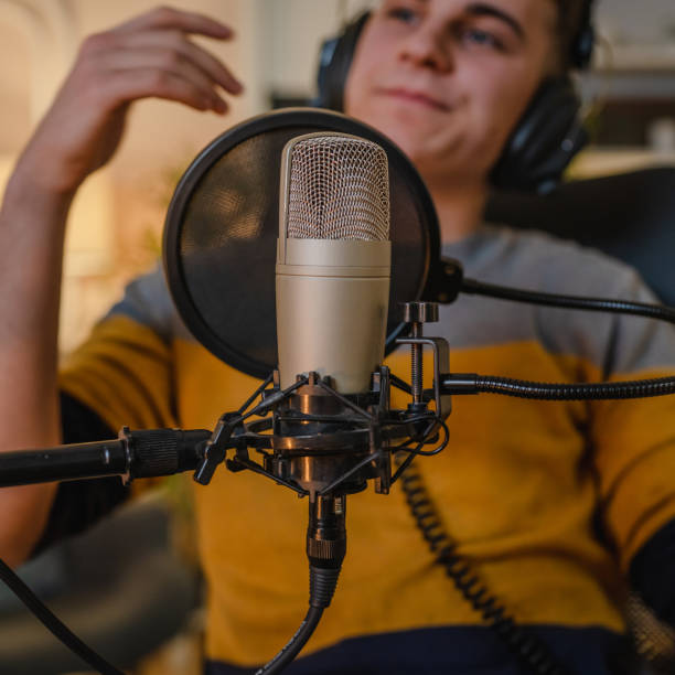 istock microphone shooting podcast radio blogger at studio 1470970034