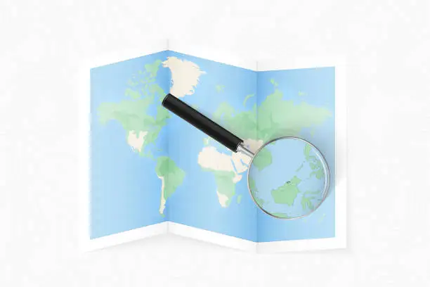 Vector illustration of Enlarge Brunei with a magnifying glass on a folded map of the world.