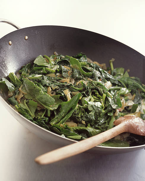 istock green leaves in frying pan 147097214