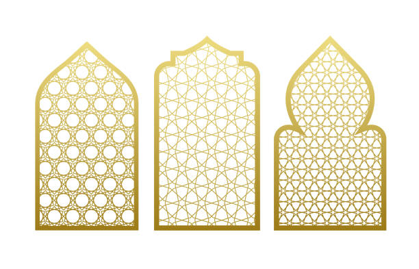 illustrazioni stock, clip art, cartoni animati e icone di tendenza di modello di porta finestra vettoriale araba. stile ornamento ramadan moschea islamica araba - gold dome