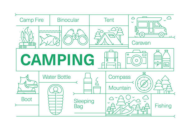 ilustraciones, imágenes clip art, dibujos animados e iconos de stock de juego de iconos de la línea de camping y diseño de pancartas - mobile home audio