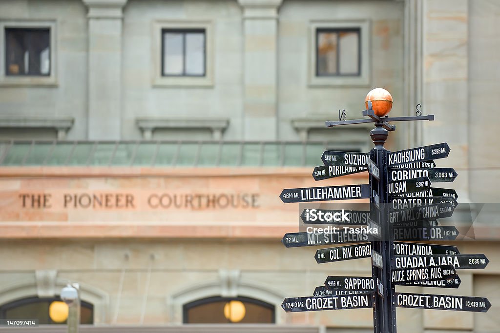 Directions to landmarks Famous signpost with directions to world landmarks in Pioneer Courthouse Square, Portland, Oregon Portland - Oregon Stock Photo