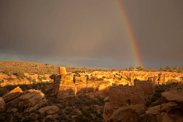 Rainbow over Little Ruin Canyon Hovenweep National Monument Utah stock photo