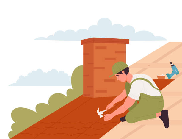 ilustrações de stock, clip art, desenhos animados e ícones de roof construction worker - bitumen felt