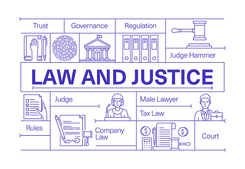 Law and Justice Line Icon Set and Banner Design