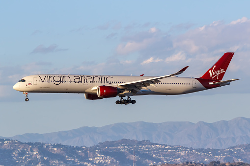 Los Angeles, United States – November 2, 2022: Virgin Atlantic Airbus A350-1000 airplane at Los Angeles airport (LAX) in the United States.