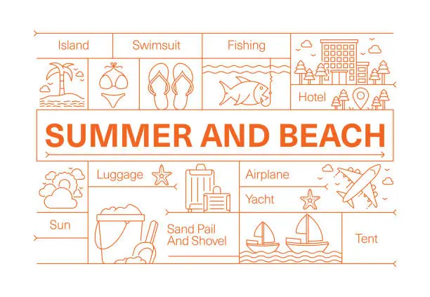 Vector illustration of Summer and Beach Line Icon Set and Banner Design