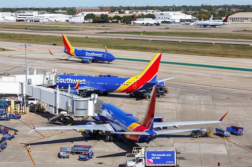 Dallas, United States – November 12, 2022: Southwest Airlines Boeing 737 airplanes at Dallas Love Field airport (DAL) in the United States.