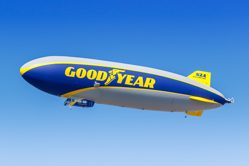 Fort Lauderdale, United States – November 13, 2022: Goodyear Zeppelin NT airship in Fort Lauderdale in the United States.