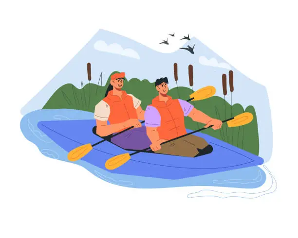 Vector illustration of Happy active young couple rafting in kayak or canoe, flat vector isolated.