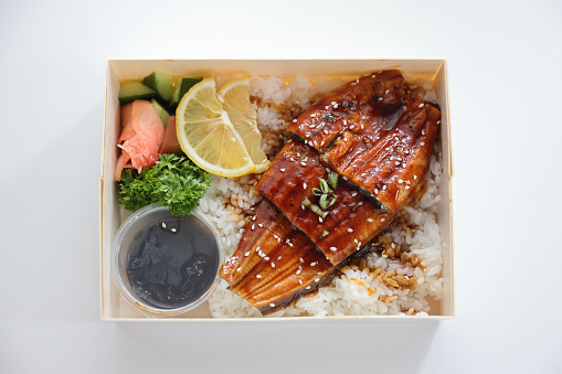Japanese food eel grilled with rice Unagi don with take