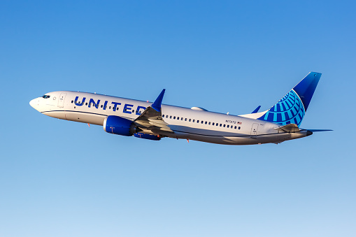 Los Angeles, United States – November 3, 2022: United Boeing 737 MAX 8 airplane at Los Angeles airport (LAX) in the United States.