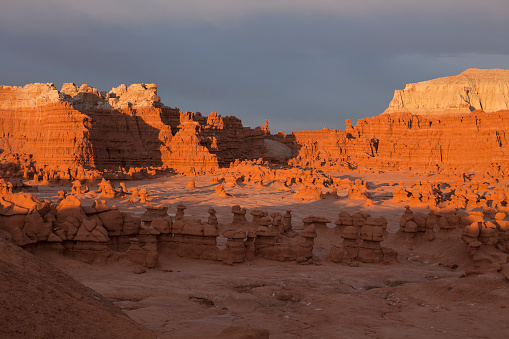 Sunset light shines on erosional mushroom-like sculptures made from eroded tidal flats 145 - 170 million years ago which stand in Goblin Valley State Park, Utah.