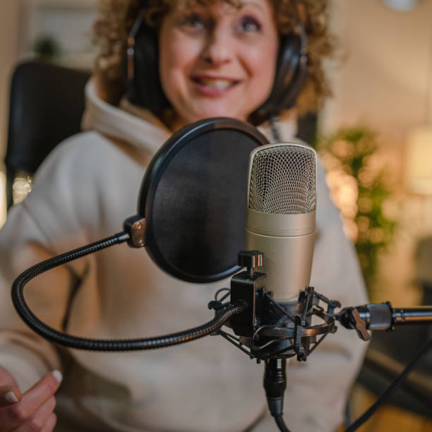 istock close up on microphone shooting podcast radio blogger at studio 1470980376