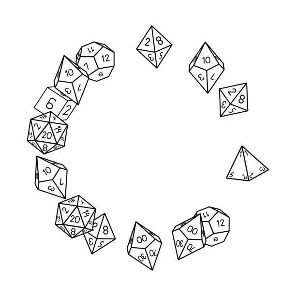 Vector illustration of White dice frame in round shape; hand drawn vector
