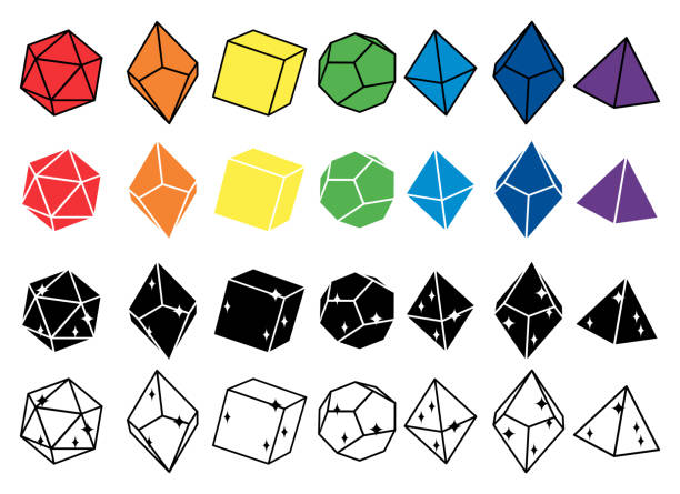 Black, white and multicolored dice for roleplaying Vector illustration in black and white and multicolored dice for role playing games with four, six, eight, twelve and twenty faces with numbers on them developing 8 stock illustrations