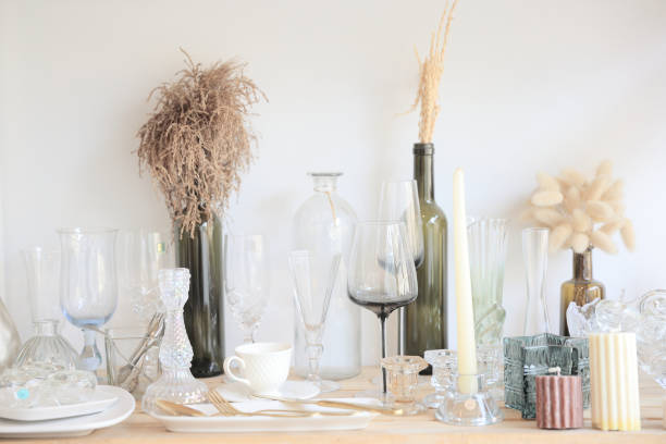 istock Glassware on wood table in warm tone 1470984027