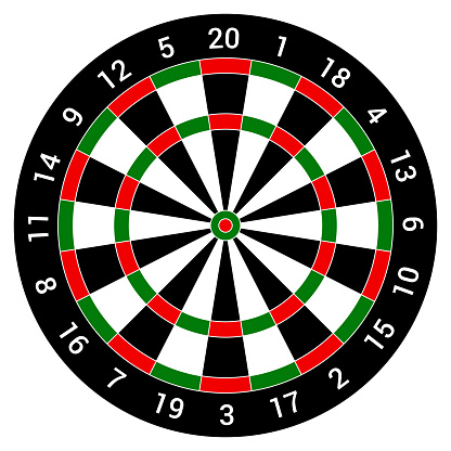 Target for darts aim dartboard sport game competition efficiency marketing achievement vector flat illustration. Dart aiming archery shooting center circle equipment with sector part targeting board