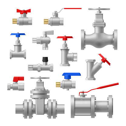 Valves and taps pipe plumbing engineering connection equipment set realistic vector illustration. Industrial pipeline system steel drain fitting element pressure production tube part different shape