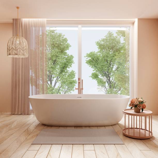 istock Modern pink bathroom, airy, with hidden lights by the window.3d rendering 1470984914