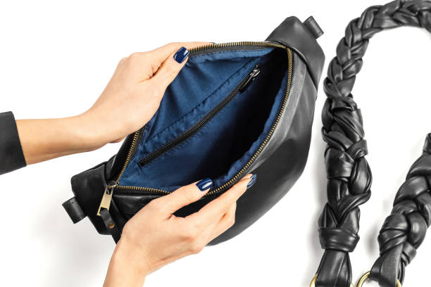 istock Open Black Leather Waistbag with Blue Inner Lining 1470986226