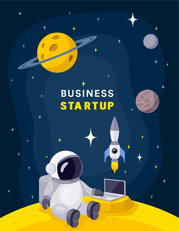 Astronaut using laptop in space. Cartoon Creative Mascot. Business startup with space background. Business startup with space background.