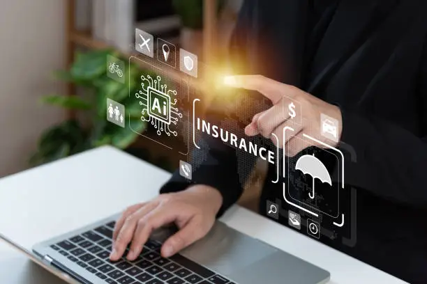 Photo of Businessman using laptop with AI tech auto insurance service concept, travel insurance data management, fast solve problem, service, digital transformation, protection, digital application.