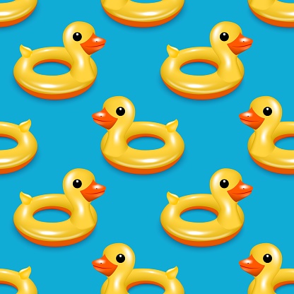 Yellow rubber duck toy for bathing children. Seamless pattern for children s design green vector background.