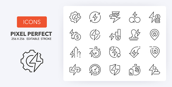 Energy management concepts. Thin line icon set. Outline symbol collection. Editable vector stroke. 256x256 Pixel Perfect scalable to 128px, 64px...