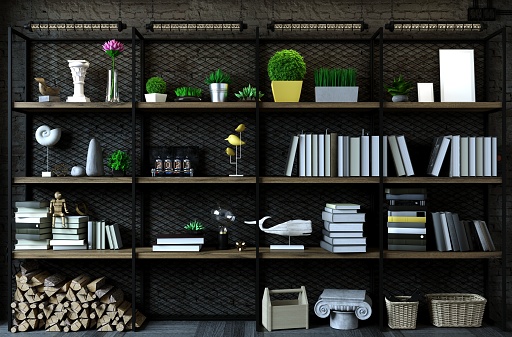 3d illustration. Modern interior in loft style background old wall. Furniture and shelves. Bookcase. Metal