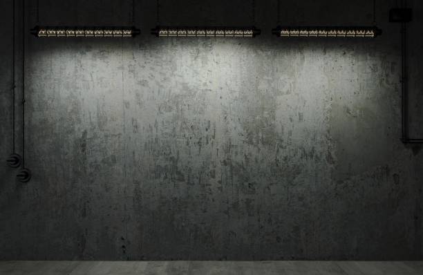 Dark old concrete wall background with lamps 3d illustration. Dark old background brick wall with lamps. Mock up walls for a brand or logo. building walls quotes stock pictures, royalty-free photos & images